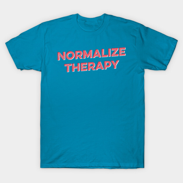 Blue t-shirt with "Normalize Therapy" slogan in red text, casual style, 100% cotton, perfect for everyday wear.