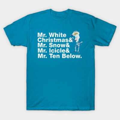 Teal graphic t-shirt with winter-themed text and character design, ideal for casual wear or holiday events.