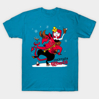 Blue graphic tee with festive cocktail design, featuring red horned creature and snowflakes, made of 100% cotton.