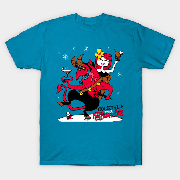 Blue graphic tee with festive cocktail design, featuring red horned creature and snowflakes, made of 100% cotton.