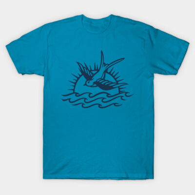 Blue t-shirt with bird and sun design, casual style, ideal for everyday wear, 100% cotton, unisex.