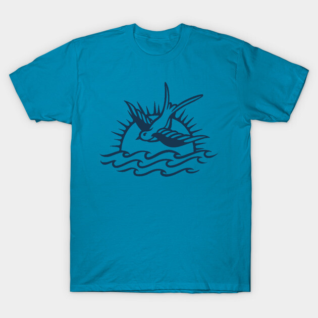 Blue t-shirt with bird and sun design, casual style, ideal for everyday wear, 100% cotton, unisex.