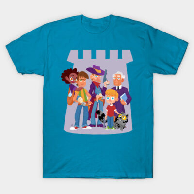 Blue T-shirt featuring colorful cartoon characters in front of a castle design, perfect for casual wear.