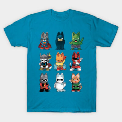 Blue t-shirt with cute superhero cat designs, colorful and playful style, perfect for casual wear or gifts.