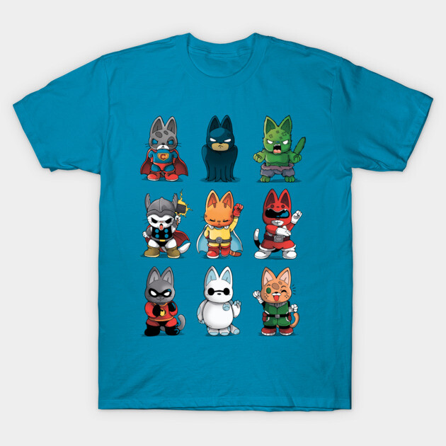 Blue t-shirt with cute superhero cat designs, colorful and playful style, perfect for casual wear or gifts.