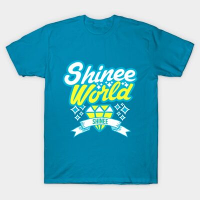 Turquoise graphic t-shirt with "Shinee World" print, casual style, short-sleeve, cotton material, unisex design.