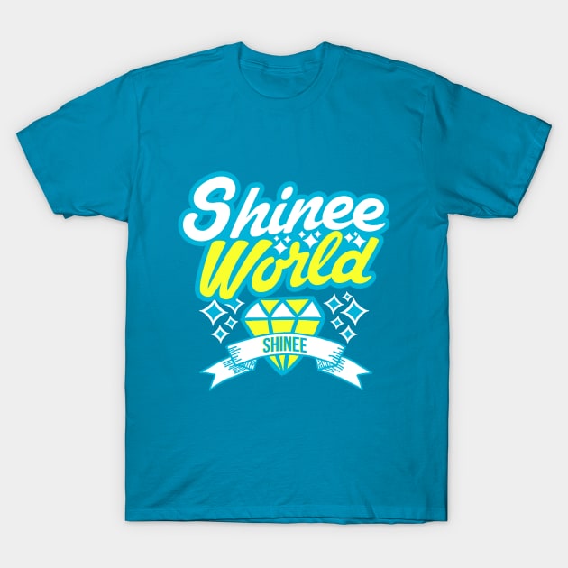 Turquoise graphic t-shirt with "Shinee World" print, casual style, short-sleeve, cotton material, unisex design.