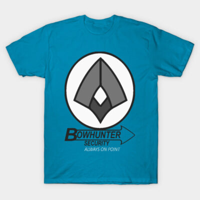 Blue graphic t-shirt featuring bowhunter security logo, casual style, cotton material, ideal for outdoor enthusiasts.