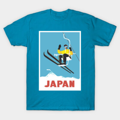 Blue t-shirt featuring a vintage Japan ski lift design, perfect for winter sports enthusiasts and casual wear.