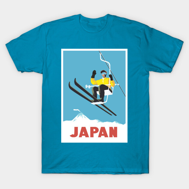 Blue t-shirt featuring a vintage Japan ski lift design, perfect for winter sports enthusiasts and casual wear.