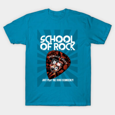 Blue "School of Rock" graphic t-shirt featuring a guitar pick design, casual wear, cotton material.
