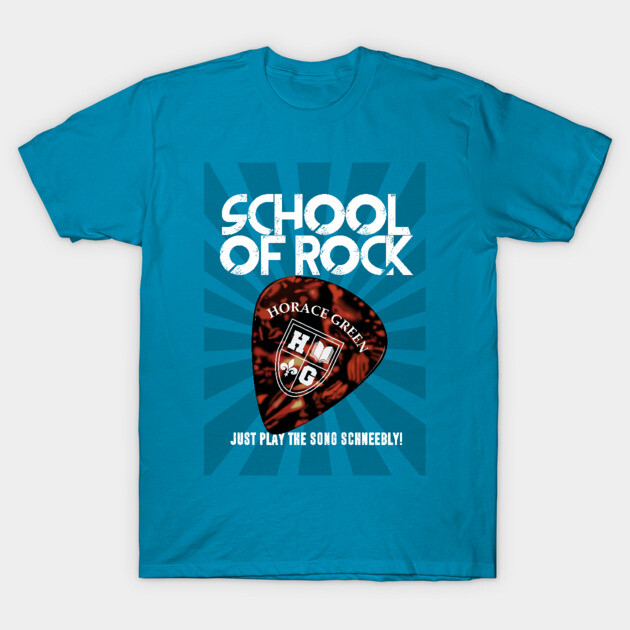 Blue "School of Rock" graphic t-shirt featuring a guitar pick design, casual wear, cotton material.