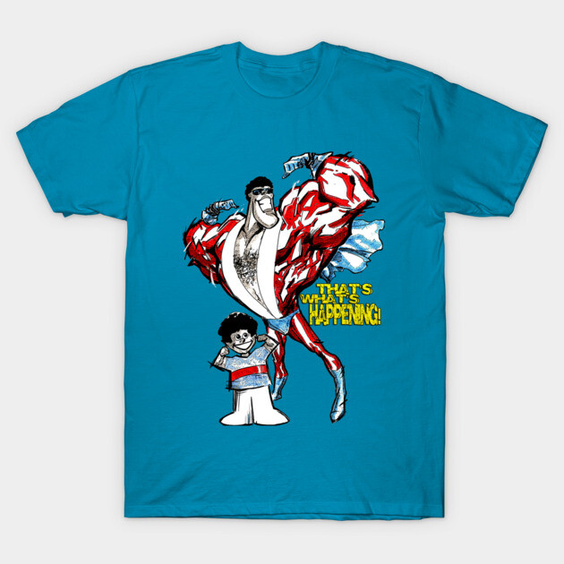 Blue graphic t-shirt with cartoon characters and text design, cotton material, casual style for everyday wear.