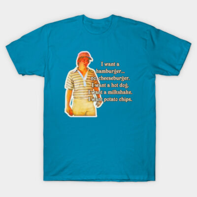 Blue graphic t-shirt with humorous text and retro illustration, ideal for casual wear, made of soft cotton fabric.