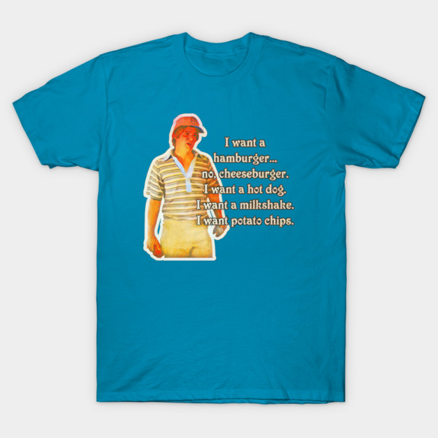 Blue graphic t-shirt with humorous text and retro illustration, ideal for casual wear, made of soft cotton fabric.