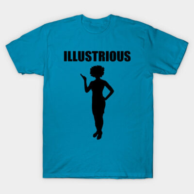 Blue t-shirt with "Illustrious" text and silhouette print, casual style, soft cotton material, unisex design.