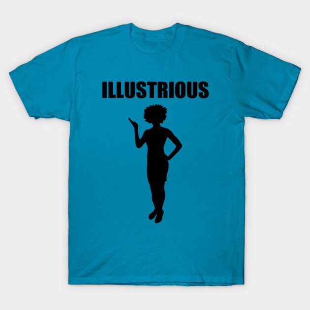 Blue t-shirt with "Illustrious" text and silhouette print, casual style, soft cotton material, unisex design.