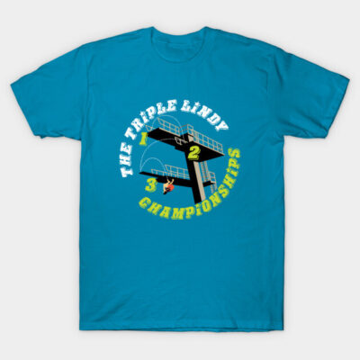 Blue graphic t-shirt featuring "Triple Lindy Championships" design, casual style, comfortable cotton material.