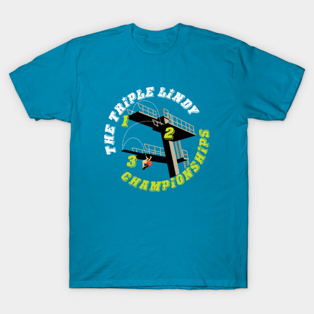 Blue graphic t-shirt featuring "Triple Lindy Championships" design, casual style, comfortable cotton material.