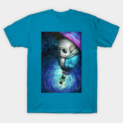 Turquoise graphic t-shirt featuring a whimsical, colorful galaxy design with character illustration, ideal for casual wear.