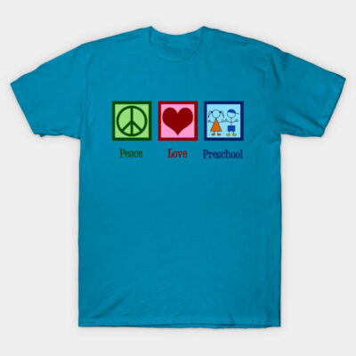 Blue t-shirt with "Peace Love Preschool" design featuring peace symbol, heart, and children illustration. Cotton material.