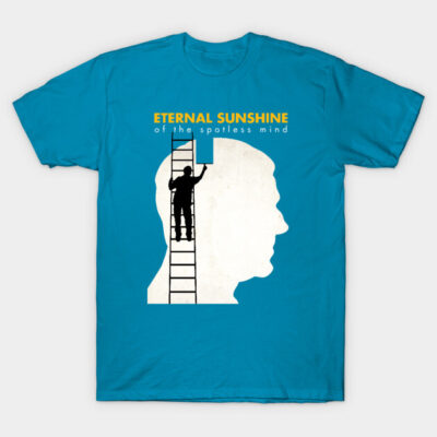 Blue cotton t-shirt featuring abstract design with ladder and silhouette. Perfect for casual wear.