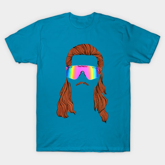 Blue graphic t-shirt featuring colorful retro sunglasses design with long hair illustration, casual wear cotton tee.