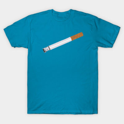 Blue cotton T-shirt featuring a cigarette graphic design, casual wear, comfortable material.