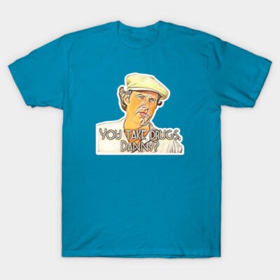 Blue graphic T-shirt with colorful illustration and humorous text, casual wear, 100% cotton material.