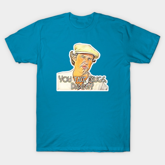 Blue graphic T-shirt with colorful illustration and humorous text, casual wear, 100% cotton material.