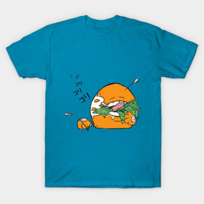 Blue graphic tee with orange cartoon character eating salad, casual cotton t-shirt, unisex style, fun design.