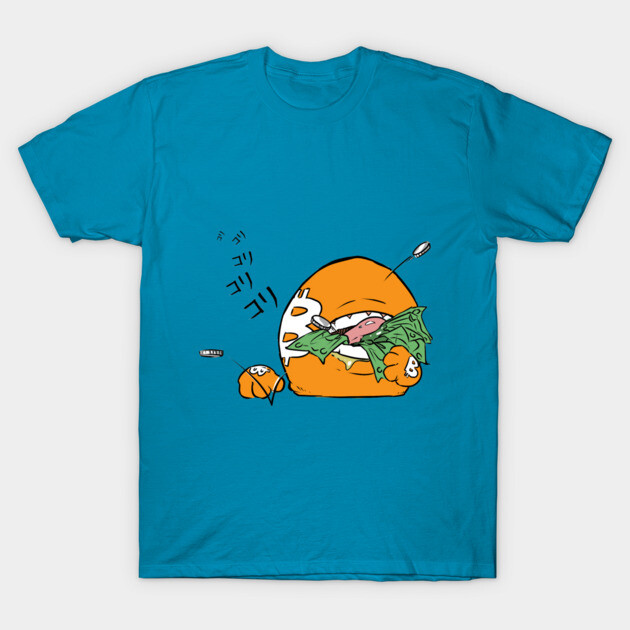 Blue graphic tee with orange cartoon character eating salad, casual cotton t-shirt, unisex style, fun design.