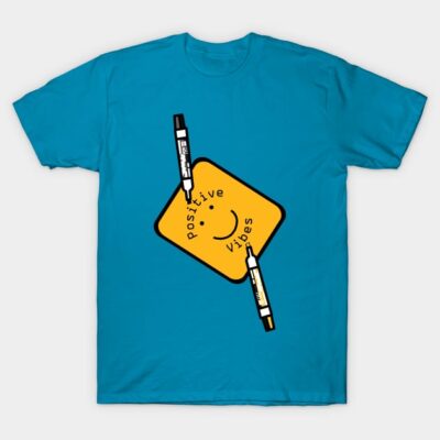 Teal t-shirt with a yellow "Positive Vibes" graphic and markers design, perfect for casual wear.