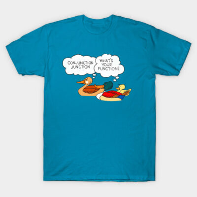 Blue graphic t-shirt with cartoon ducks and text bubbles, casual style, cotton material, perfect for everyday wear.