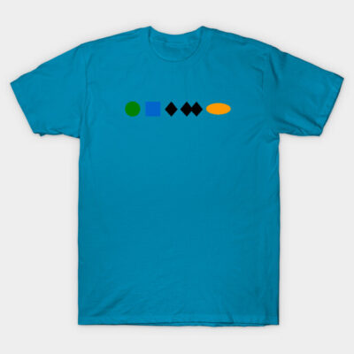 Bright blue graphic t-shirt with colorful geometric shapes, casual style, soft cotton material.