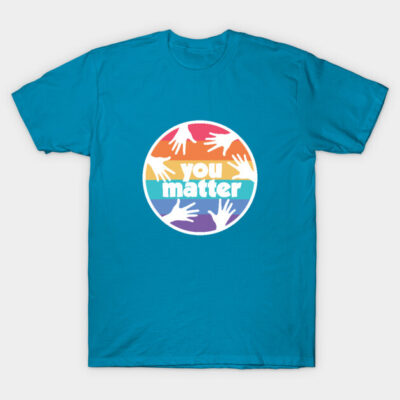 Blue t-shirt with multicolor "You Matter" design featuring hands, casual wear, cotton material.