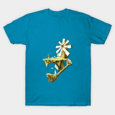 Blue t-shirt with windmill design, casual style, 100% cotton, ideal for everyday wear and comfortable fit.