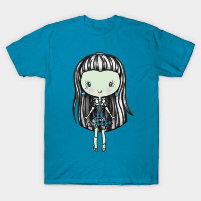 Teal T-shirt with cute doll graphic, casual style, soft cotton fabric, suitable for everyday wear.