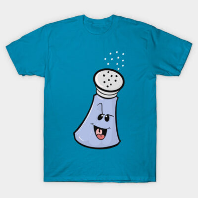 Blue t-shirt with a playful salt shaker cartoon design, ideal for casual wear, made from soft cotton fabric.