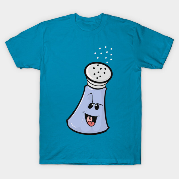 Blue t-shirt with a playful salt shaker cartoon design, ideal for casual wear, made from soft cotton fabric.