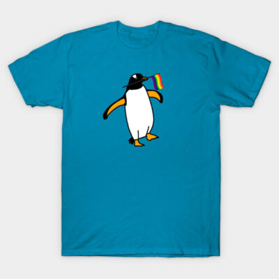 Blue t-shirt with a playful penguin waving a rainbow flag design, perfect for casual wear and self-expression.