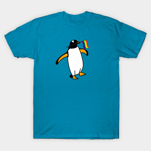 Blue t-shirt with a playful penguin waving a rainbow flag design, perfect for casual wear and self-expression.
