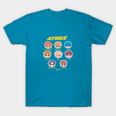 Blue graphic t-shirt with colorful cartoon faces, playful design, casual wear, soft cotton fabric, unisex style.
