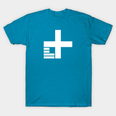 Blue cotton t-shirt with white geometric design, casual style, suitable for everyday wear.