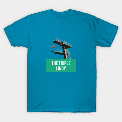 Blue t-shirt featuring "The Triple Lindy" graphic with diving board illustration, casual wear, cotton material.