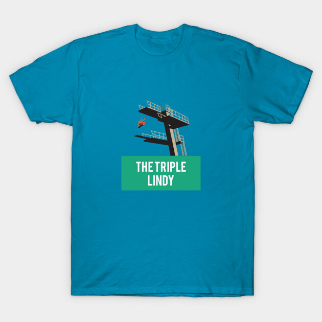 Blue t-shirt featuring "The Triple Lindy" graphic with diving board illustration, casual wear, cotton material.