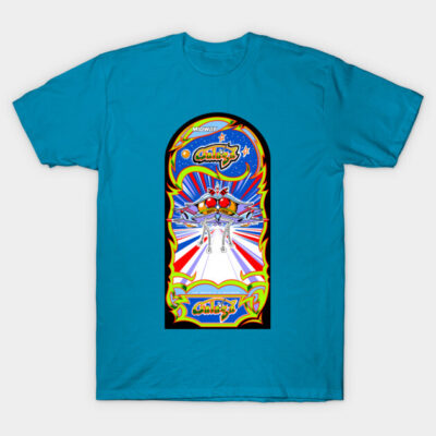 Bright blue graphic T-shirt featuring colorful arcade game design, perfect for retro gaming enthusiasts. Cotton material.