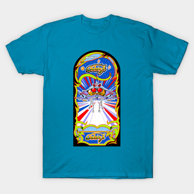Bright blue graphic T-shirt featuring colorful arcade game design, perfect for retro gaming enthusiasts. Cotton material.