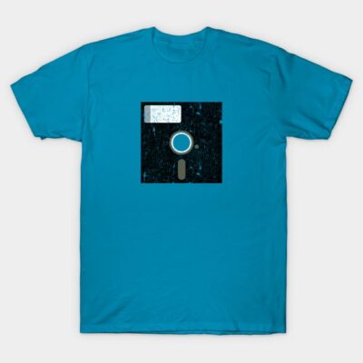 Blue T-shirt with vintage floppy disk design, casual style, comfortable cotton material, ideal for tech enthusiasts.