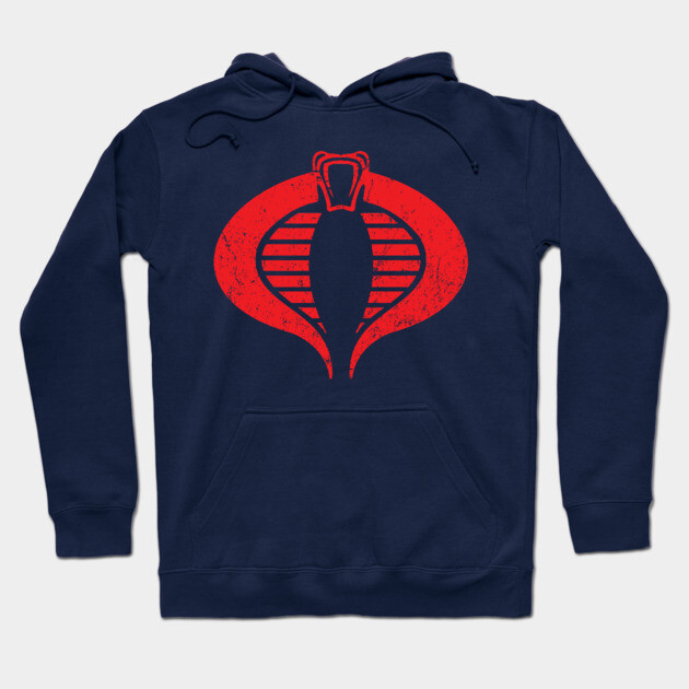 Navy blue hoodie with red cobra emblem, casual style, cotton blend, ideal for everyday wear.